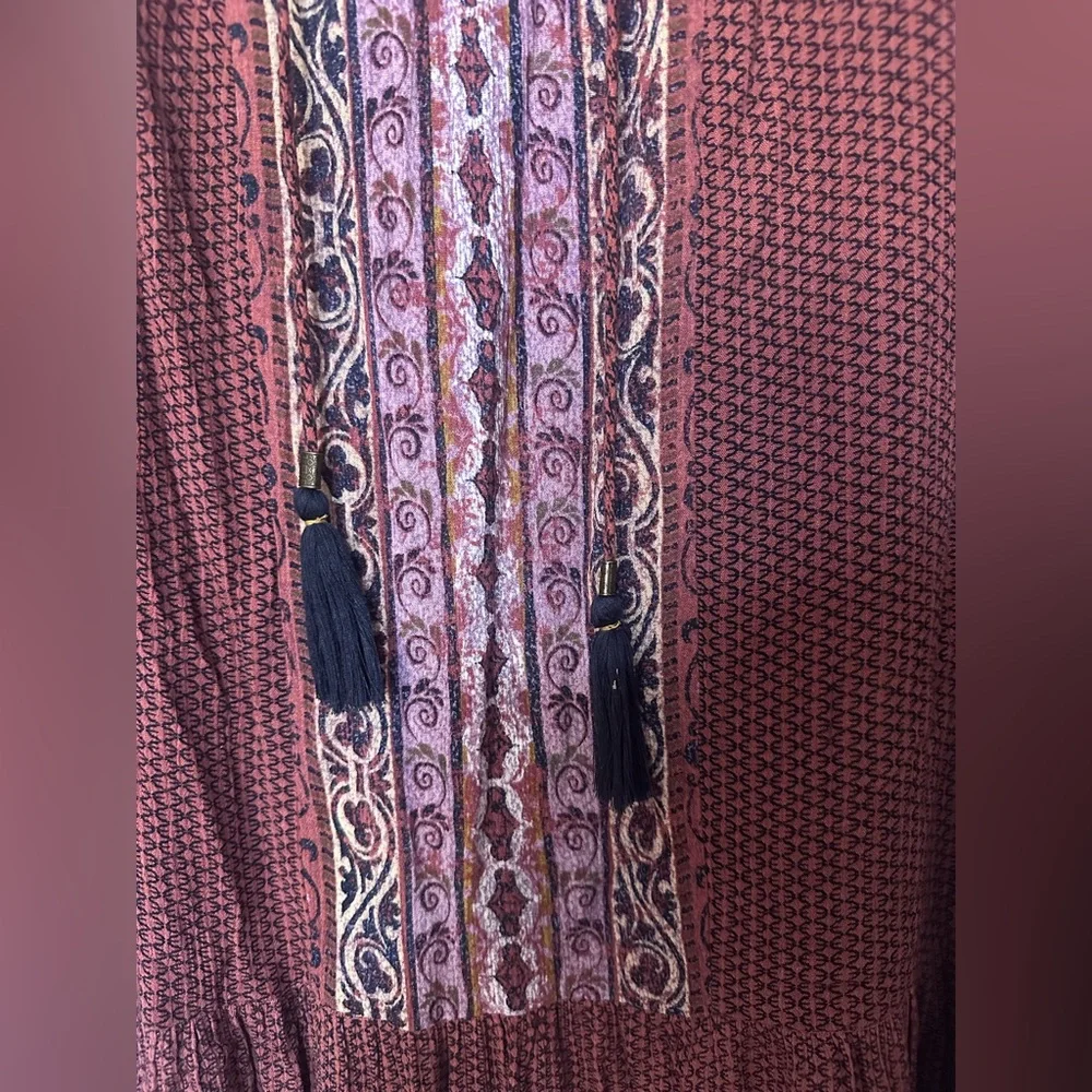 Knox Rose Burgundy Boho Lace-Up Long Sleeve Dress - Picture 2 of 7